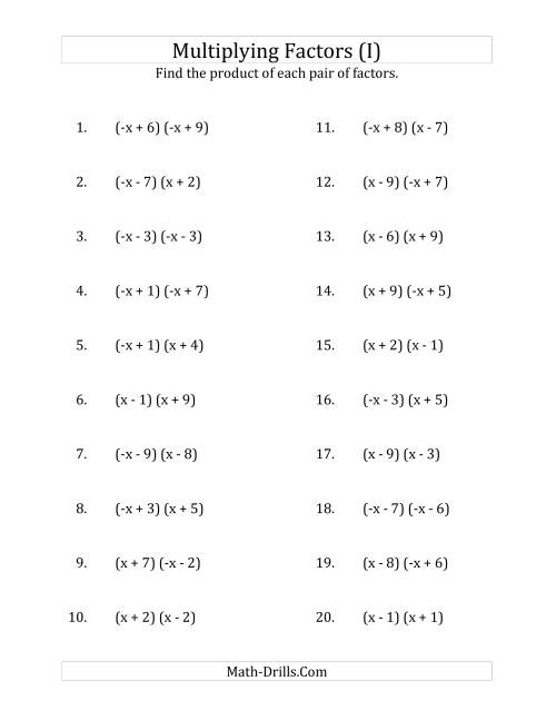 The Multiplying Factors of Quadratic Expressions with x Coefficients of 1 and -1 (I) Math Worksheet
