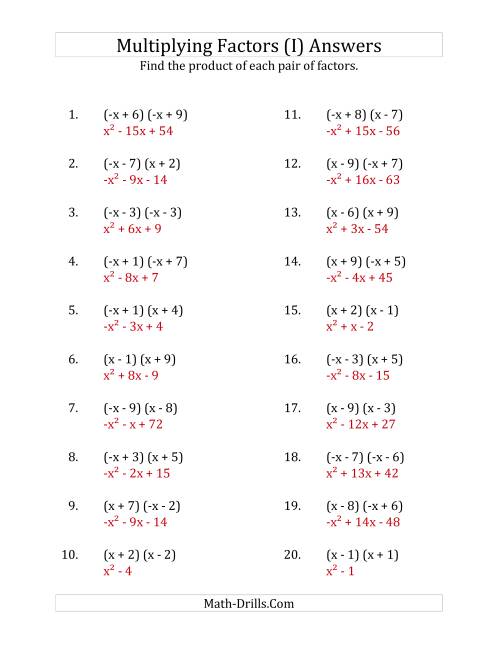 The Multiplying Factors of Quadratic Expressions with x Coefficients of 1 and -1 (I) Math Worksheet Page 2