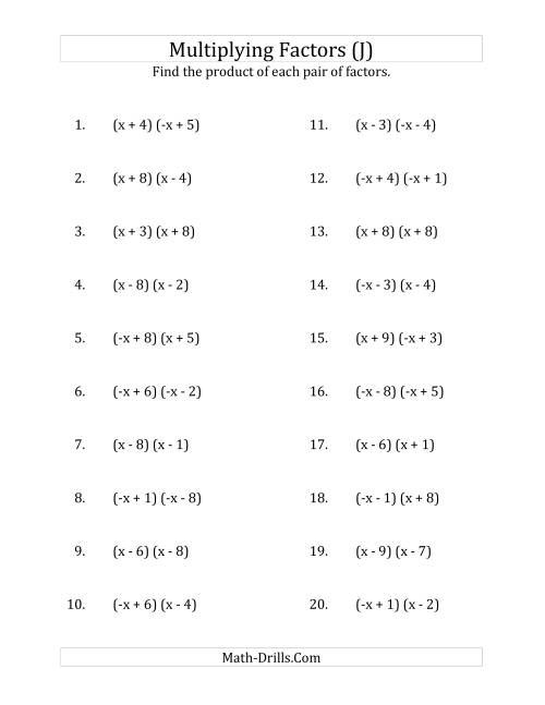 The Multiplying Factors of Quadratic Expressions with x Coefficients of 1 and -1 (J) Math Worksheet