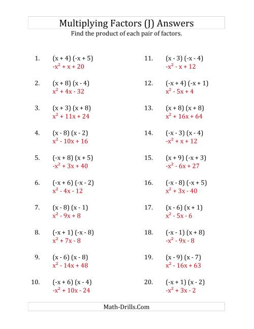 The Multiplying Factors of Quadratic Expressions with x Coefficients of 1 and -1 (J) Math Worksheet Page 2