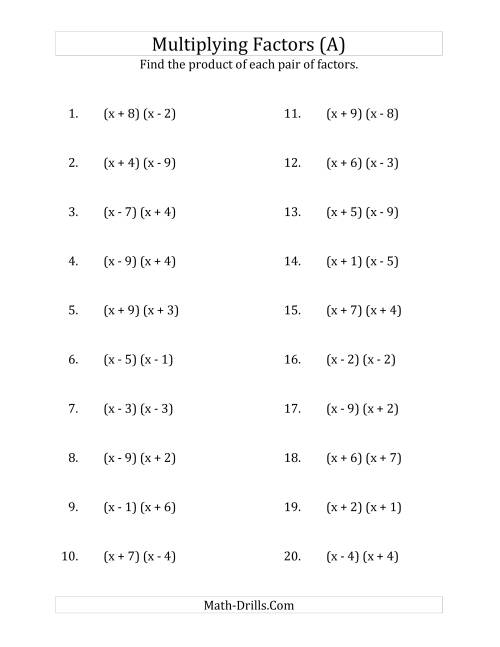 The Multiplying Factors of Quadratic Expressions with x Coefficients of 1 (A) Math Worksheet