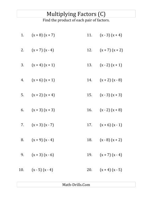 The Multiplying Factors of Quadratic Expressions with x Coefficients of 1 (C) Math Worksheet