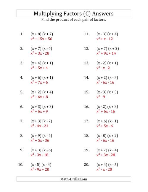 The Multiplying Factors of Quadratic Expressions with x Coefficients of 1 (C) Math Worksheet Page 2