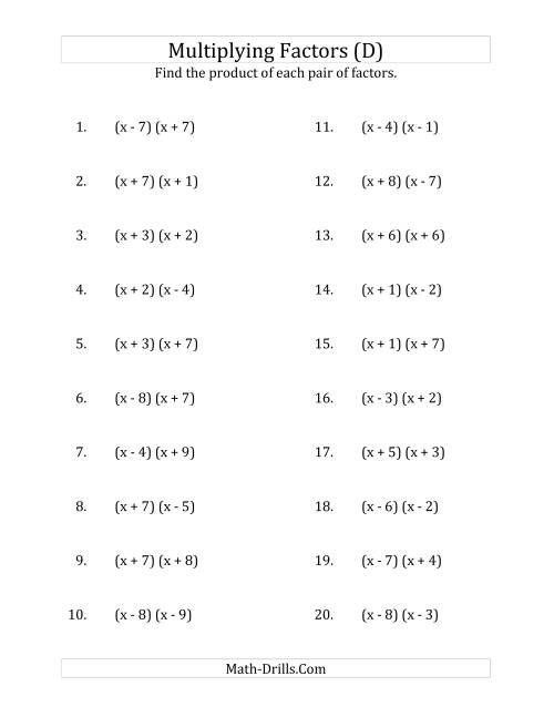 The Multiplying Factors of Quadratic Expressions with x Coefficients of 1 (D) Math Worksheet