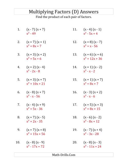 The Multiplying Factors of Quadratic Expressions with x Coefficients of 1 (D) Math Worksheet Page 2