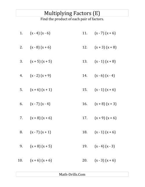 The Multiplying Factors of Quadratic Expressions with x Coefficients of 1 (E) Math Worksheet