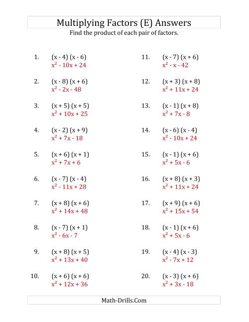 The Multiplying Factors of Quadratic Expressions with x Coefficients of 1 (E) Math Worksheet Page 2