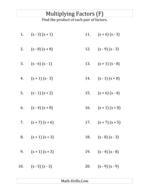 The Multiplying Factors of Quadratic Expressions with x Coefficients of 1 (F) Math Worksheet