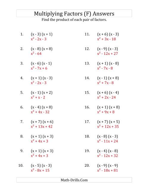 The Multiplying Factors of Quadratic Expressions with x Coefficients of 1 (F) Math Worksheet Page 2
