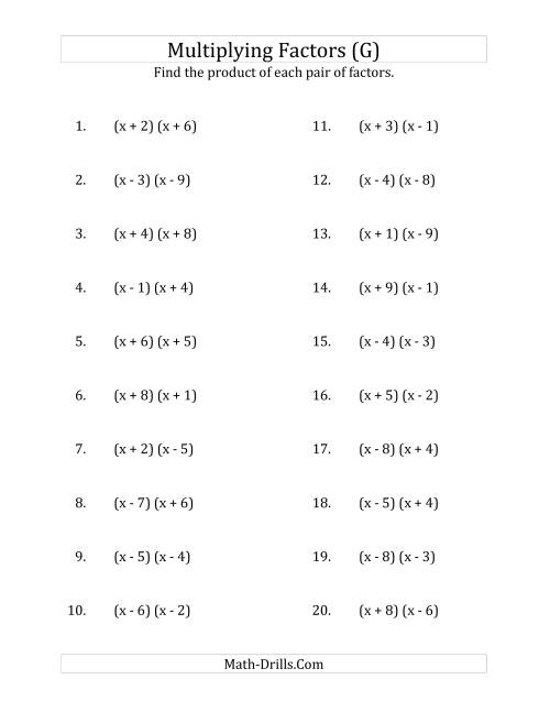 The Multiplying Factors of Quadratic Expressions with x Coefficients of 1 (G) Math Worksheet