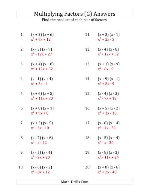The Multiplying Factors of Quadratic Expressions with x Coefficients of 1 (G) Math Worksheet Page 2