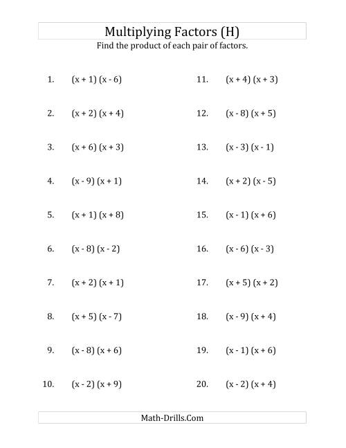 The Multiplying Factors of Quadratic Expressions with x Coefficients of 1 (H) Math Worksheet
