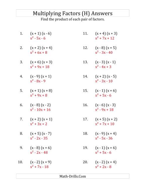 The Multiplying Factors of Quadratic Expressions with x Coefficients of 1 (H) Math Worksheet Page 2