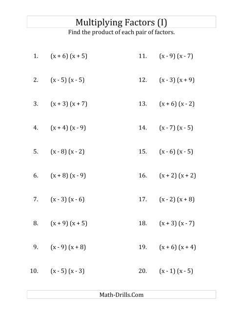 The Multiplying Factors of Quadratic Expressions with x Coefficients of 1 (I) Math Worksheet