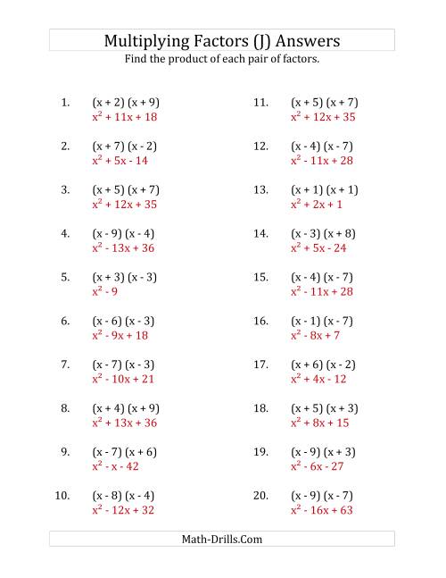 The Multiplying Factors of Quadratic Expressions with x Coefficients of 1 (J) Math Worksheet Page 2