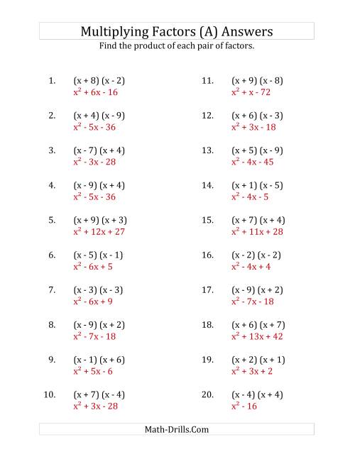 The Multiplying Factors of Quadratic Expressions with x Coefficients of 1 (All) Math Worksheet Page 2
