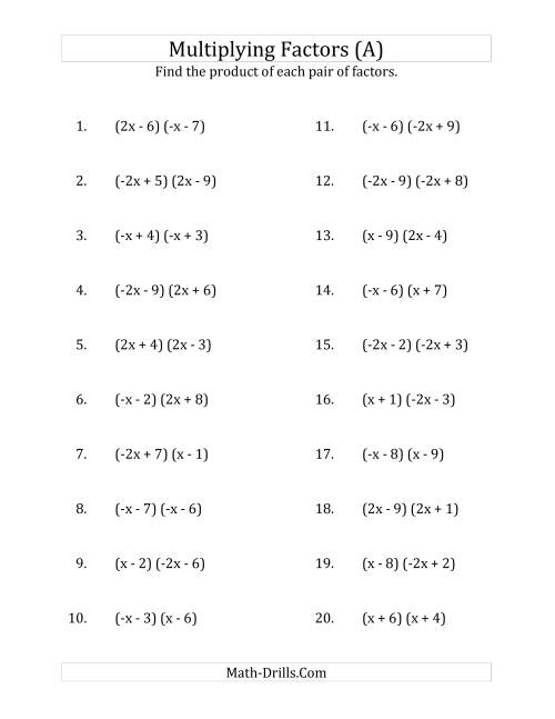 The Multiplying Factors of Quadratic Expressions with x Coefficients of 1, -1, 2 and -2 (A) Math Worksheet