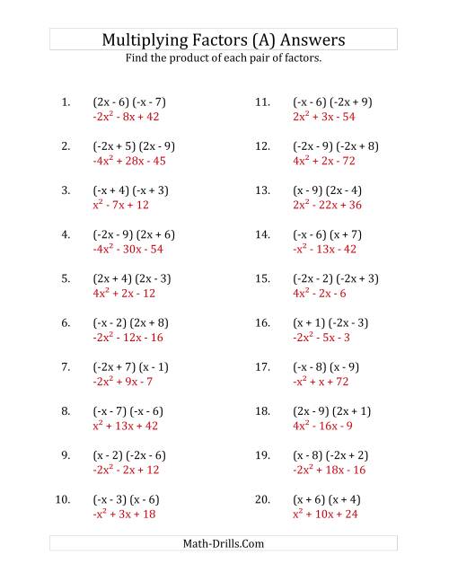 The Multiplying Factors of Quadratic Expressions with x Coefficients of 1, -1, 2 and -2 (A) Math Worksheet Page 2