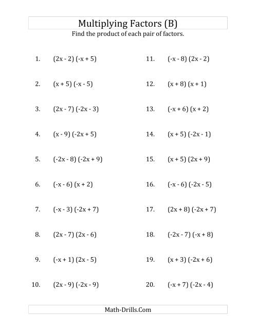 The Multiplying Factors of Quadratic Expressions with x Coefficients of 1, -1, 2 and -2 (B) Math Worksheet