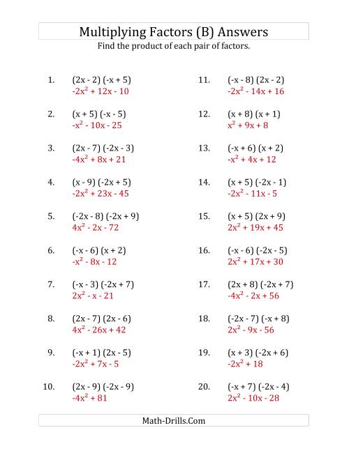 The Multiplying Factors of Quadratic Expressions with x Coefficients of 1, -1, 2 and -2 (B) Math Worksheet Page 2