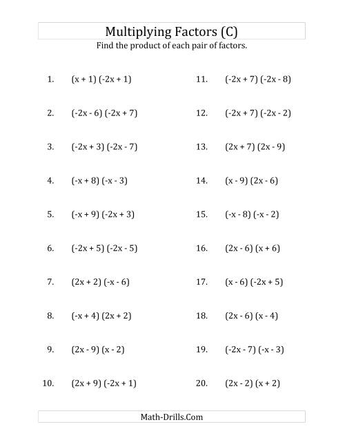The Multiplying Factors of Quadratic Expressions with x Coefficients of 1, -1, 2 and -2 (C) Math Worksheet