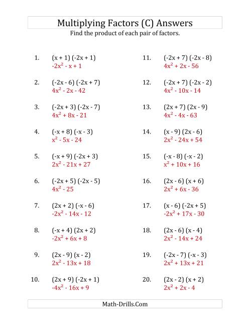 The Multiplying Factors of Quadratic Expressions with x Coefficients of 1, -1, 2 and -2 (C) Math Worksheet Page 2