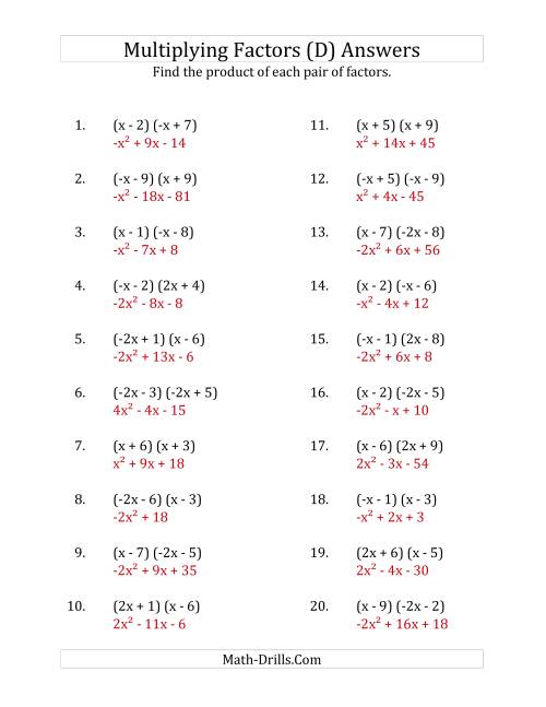 The Multiplying Factors of Quadratic Expressions with x Coefficients of 1, -1, 2 and -2 (D) Math Worksheet Page 2