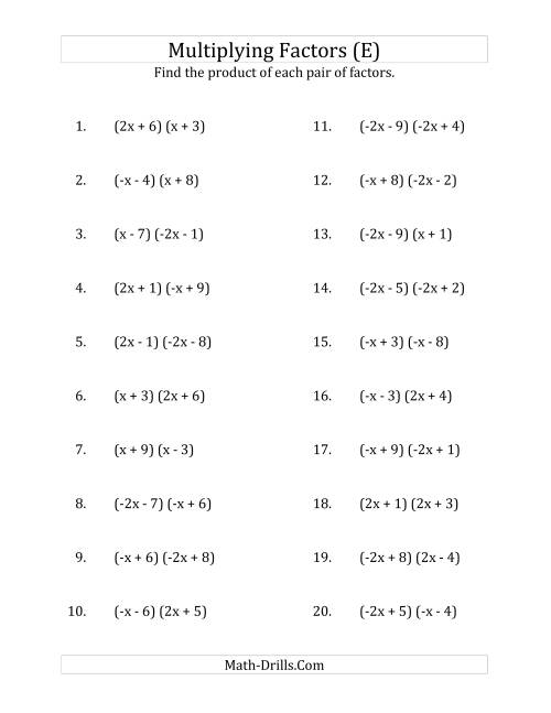 The Multiplying Factors of Quadratic Expressions with x Coefficients of 1, -1, 2 and -2 (E) Math Worksheet
