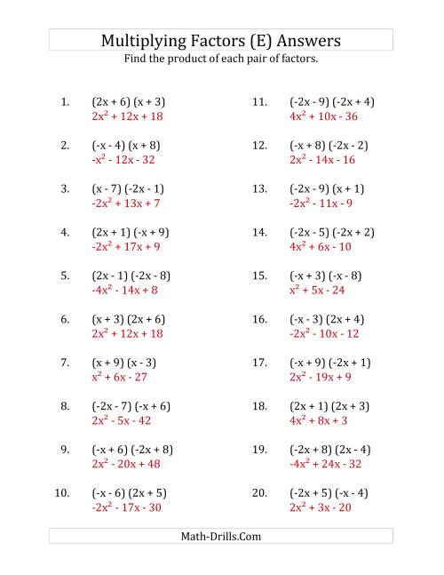 The Multiplying Factors of Quadratic Expressions with x Coefficients of 1, -1, 2 and -2 (E) Math Worksheet Page 2