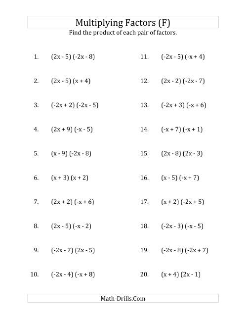 The Multiplying Factors of Quadratic Expressions with x Coefficients of 1, -1, 2 and -2 (F) Math Worksheet