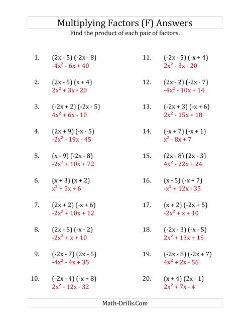 The Multiplying Factors of Quadratic Expressions with x Coefficients of 1, -1, 2 and -2 (F) Math Worksheet Page 2
