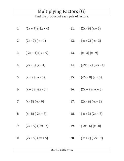 The Multiplying Factors of Quadratic Expressions with x Coefficients of 1, -1, 2 and -2 (G) Math Worksheet