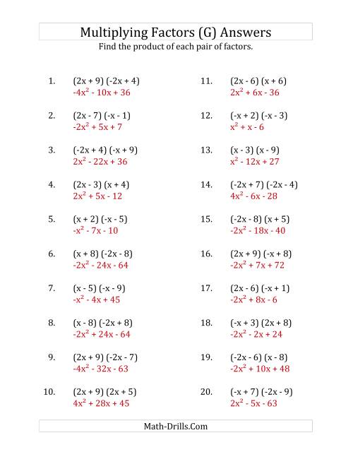 The Multiplying Factors of Quadratic Expressions with x Coefficients of 1, -1, 2 and -2 (G) Math Worksheet Page 2