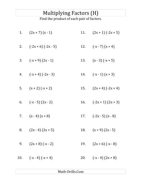 The Multiplying Factors of Quadratic Expressions with x Coefficients of 1, -1, 2 and -2 (H) Math Worksheet