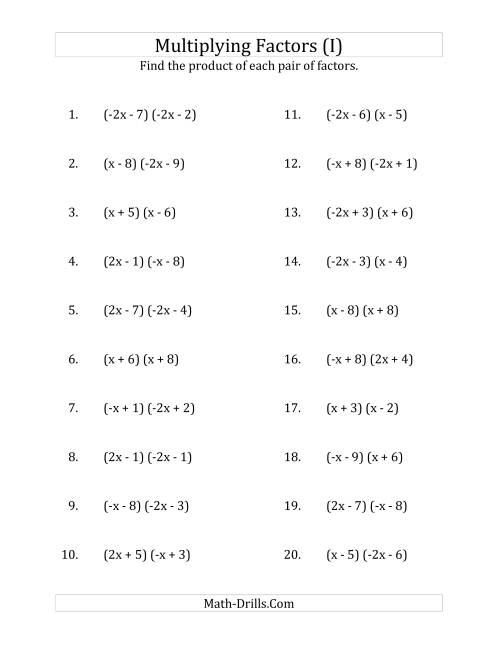 The Multiplying Factors of Quadratic Expressions with x Coefficients of 1, -1, 2 and -2 (I) Math Worksheet