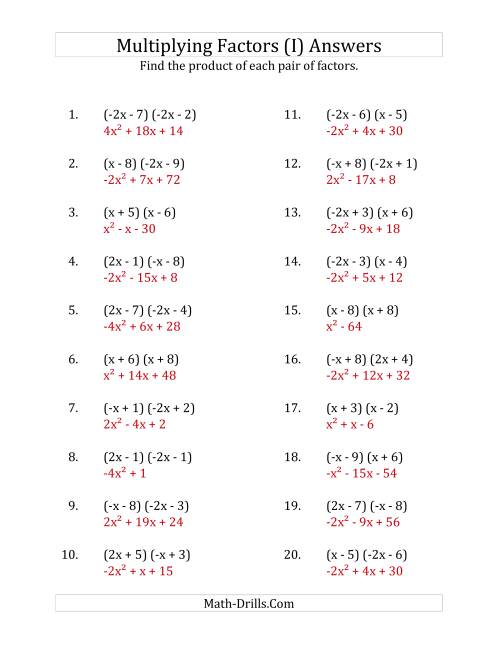 The Multiplying Factors of Quadratic Expressions with x Coefficients of 1, -1, 2 and -2 (I) Math Worksheet Page 2