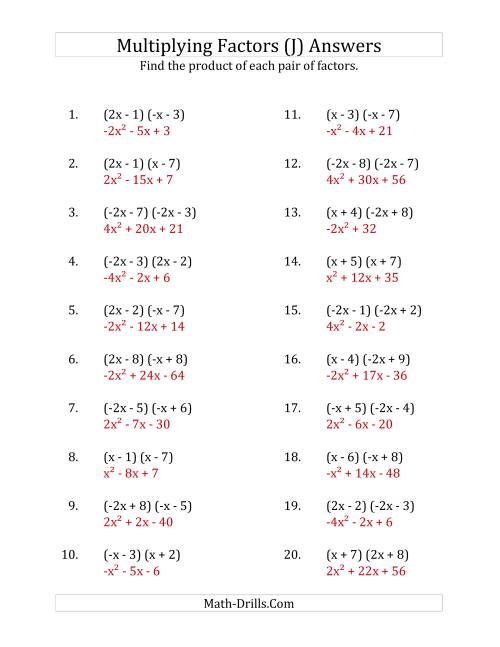 The Multiplying Factors of Quadratic Expressions with x Coefficients of 1, -1, 2 and -2 (J) Math Worksheet Page 2