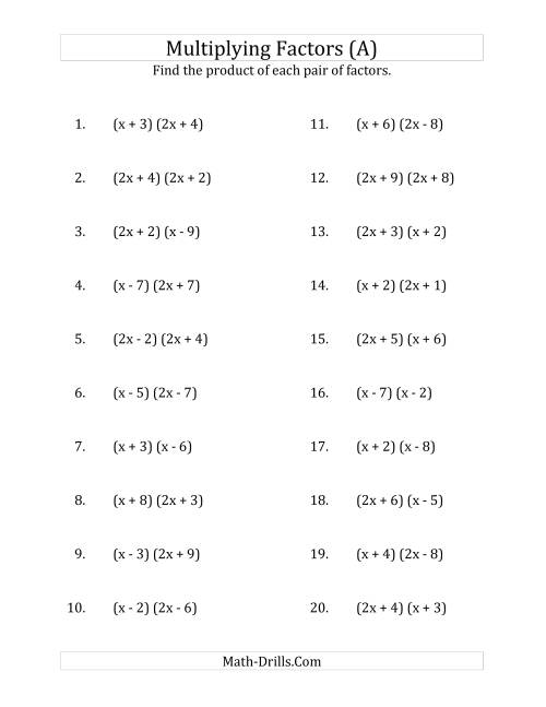 The Multiplying Factors of Quadratic Expressions with x Coefficients of 1 and 2 (A) Math Worksheet