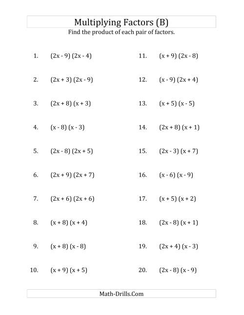 The Multiplying Factors of Quadratic Expressions with x Coefficients of 1 and 2 (B) Math Worksheet