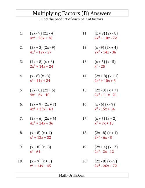 The Multiplying Factors of Quadratic Expressions with x Coefficients of 1 and 2 (B) Math Worksheet Page 2