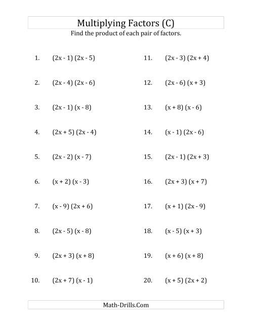 The Multiplying Factors of Quadratic Expressions with x Coefficients of 1 and 2 (C) Math Worksheet