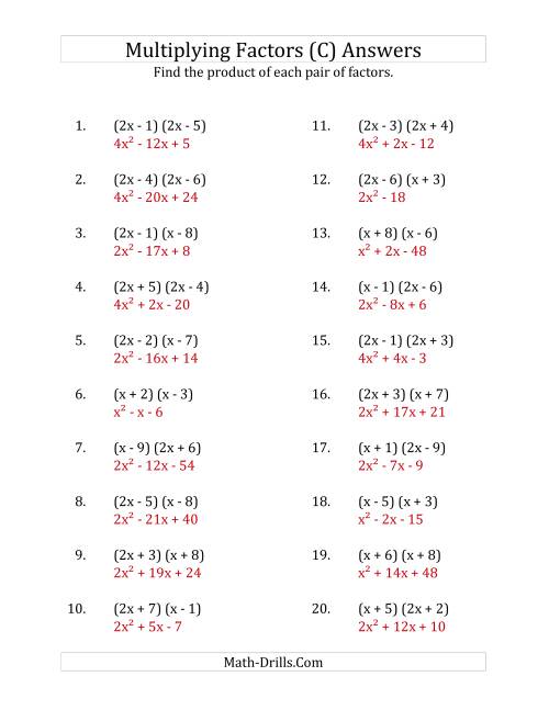 The Multiplying Factors of Quadratic Expressions with x Coefficients of 1 and 2 (C) Math Worksheet Page 2