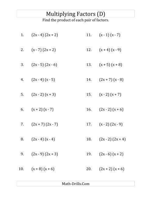 The Multiplying Factors of Quadratic Expressions with x Coefficients of 1 and 2 (D) Math Worksheet