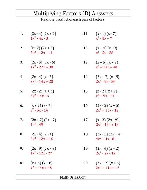 The Multiplying Factors of Quadratic Expressions with x Coefficients of 1 and 2 (D) Math Worksheet Page 2