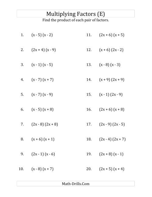 The Multiplying Factors of Quadratic Expressions with x Coefficients of 1 and 2 (E) Math Worksheet