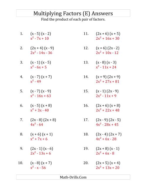 The Multiplying Factors of Quadratic Expressions with x Coefficients of 1 and 2 (E) Math Worksheet Page 2