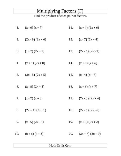 The Multiplying Factors of Quadratic Expressions with x Coefficients of 1 and 2 (F) Math Worksheet