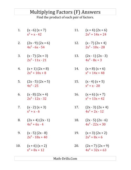 The Multiplying Factors of Quadratic Expressions with x Coefficients of 1 and 2 (F) Math Worksheet Page 2
