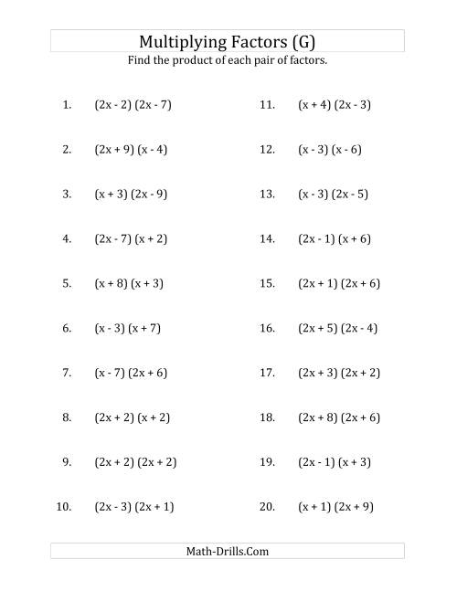 The Multiplying Factors of Quadratic Expressions with x Coefficients of 1 and 2 (G) Math Worksheet