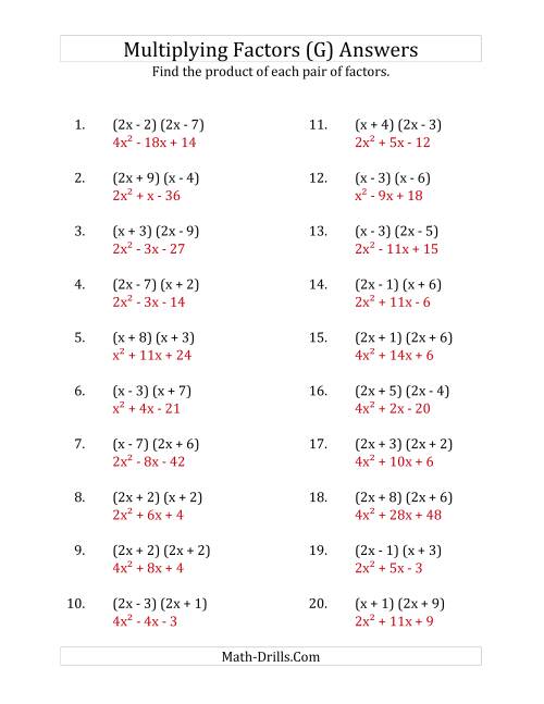 The Multiplying Factors of Quadratic Expressions with x Coefficients of 1 and 2 (G) Math Worksheet Page 2
